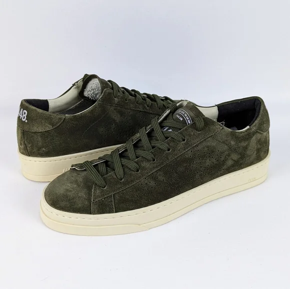 P448 Jack Suede Low Top Sneaker Lace Up Rounded Toe Khaki EU39 US 8-8.5 NIB - Picture 1 of 16